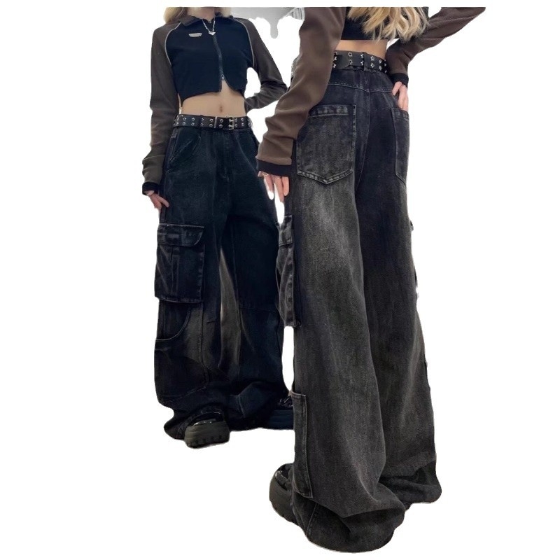 Jeans dama din denim, talie medie, croială largă, cu mai multe buzunare