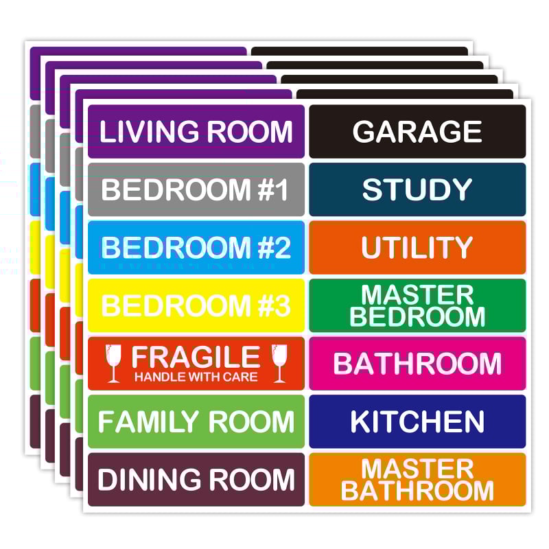 Pārvietošanas etiķetes – 14 etiķetes uz lapu, pārklāts papīrs, izturība līdz 110°C