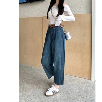 Jeansi de damă din denim, talie înaltă, croială dreaptă, stil street hipster, tratament anti-șifonare