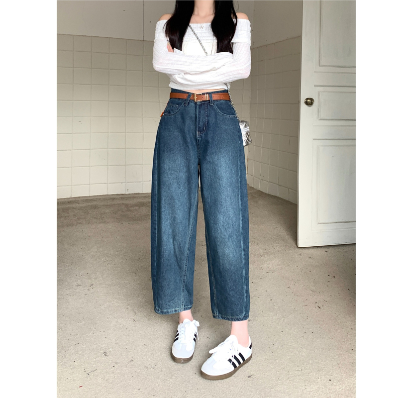 Jeansi de damă din denim, talie înaltă, croială dreaptă, stil street hipster, tratament anti-șifonare