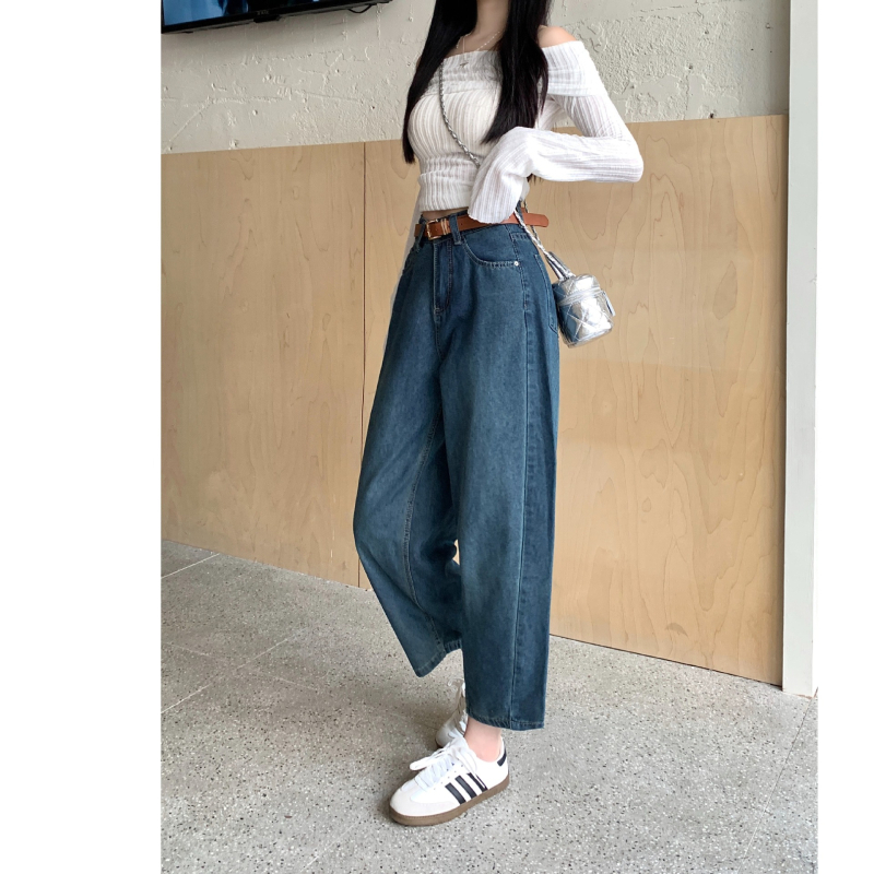 Jeansi de damă din denim, talie înaltă, croială dreaptă, stil street hipster, tratament anti-șifonare