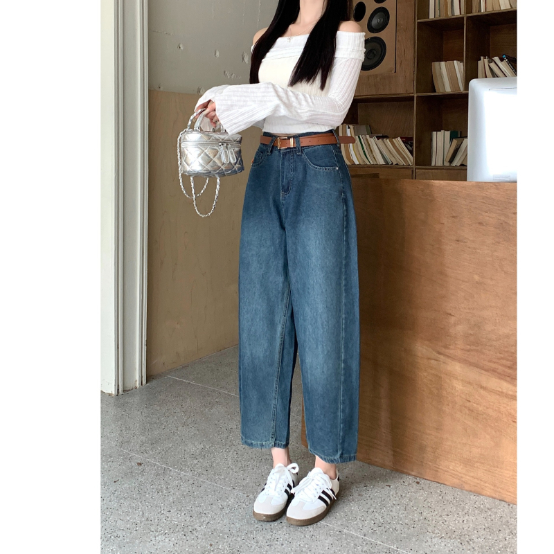 Jeansi de damă din denim, talie înaltă, croială dreaptă, stil street hipster, tratament anti-șifonare