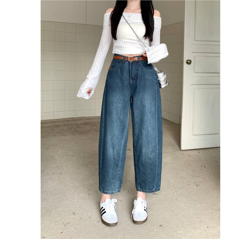 Jeansi de damă din denim, talie înaltă, croială dreaptă, stil street hipster, tratament anti-șifonare