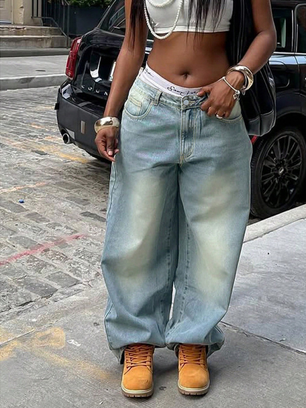 Τζιν από βαμβάκι, ψηλή μέση, χαλαρή γραμμή, μικροελαστικότητα, 50-70% βαμβάκι