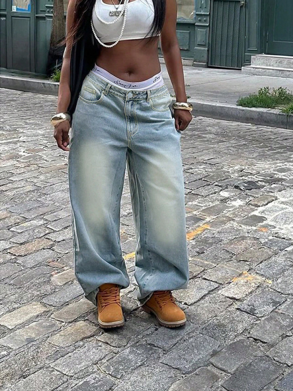 Τζιν από βαμβάκι, ψηλή μέση, χαλαρή γραμμή, μικροελαστικότητα, 50-70% βαμβάκι