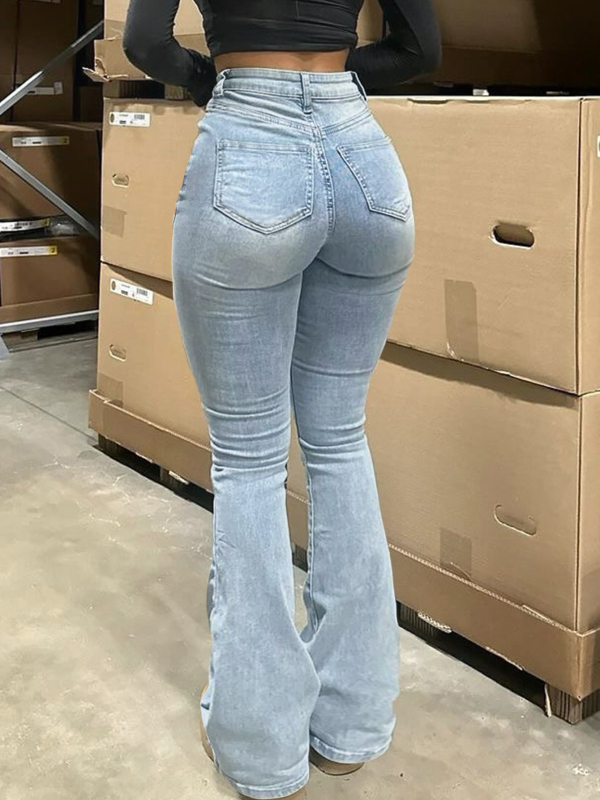 Blugi - cu fermoar, talie înaltă, ușor evazați, elasticitate înaltă (Bumbac 50-70%)