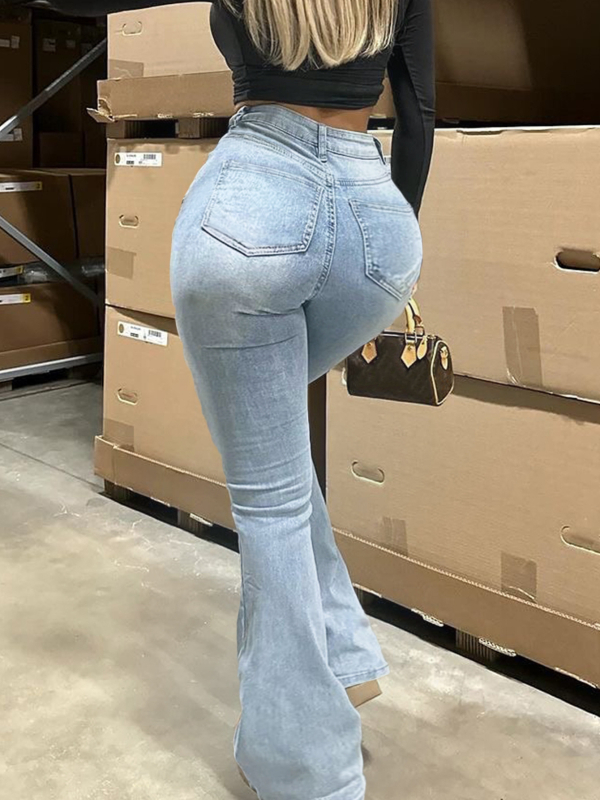 Blugi - cu fermoar, talie înaltă, ușor evazați, elasticitate înaltă (Bumbac 50-70%)