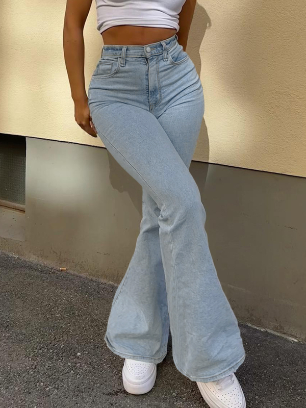 Blugi - cu fermoar, talie înaltă, ușor evazați, elasticitate înaltă (Bumbac 50-70%)