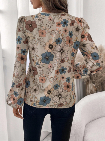 флорално принтирана риза с дълги ръкави, полиестерова тъкан, нормална дължина 50–65 см