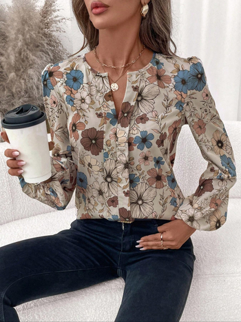 флорално принтирана риза с дълги ръкави, полиестерова тъкан, нормална дължина 50–65 см