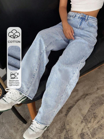 Τζιν με φαρδιά γραμμή και ψηλή μέση, denim με patchwork, μήκος έως το πάτωμα.
