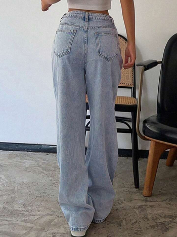 Τζιν με φαρδιά γραμμή και ψηλή μέση, denim με patchwork, μήκος έως το πάτωμα.