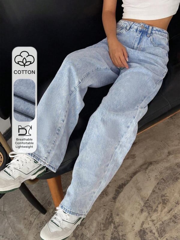 Τζιν με φαρδιά γραμμή και ψηλή μέση, denim με patchwork, μήκος έως το πάτωμα.