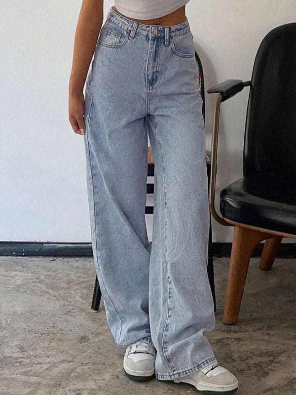 Τζιν με φαρδιά γραμμή και ψηλή μέση, denim με patchwork, μήκος έως το πάτωμα.