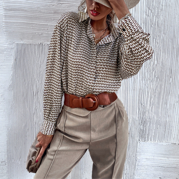 Cardigan πουκάμισο με αφηρημένο print, μακριά μανίκια, γιακά lapel, κουμπιά σε μια σειρά, άνετη γραμμή, πολυεστέρας