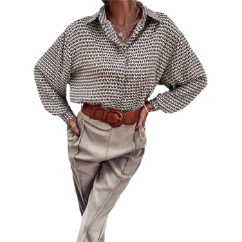 Cardigan πουκάμισο με αφηρημένο print, μακριά μανίκια, γιακά lapel, κουμπιά σε μια σειρά, άνετη γραμμή, πολυεστέρας