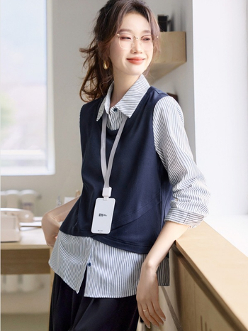 Риза с райета от плетена материя, дълги ръкави, яка риза, цепка отзад, полиестрова смес, Пролет 2025