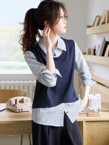 Риза с райета от плетена материя, дълги ръкави, яка риза, цепка отзад, полиестрова смес, Пролет 2025