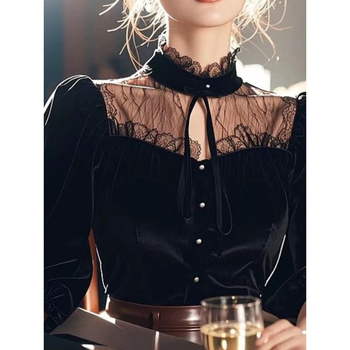 Кадифена блуза с модел на блокове, пуловер стил, стойкова яка, дълги ръкави