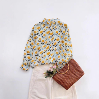 Дамска риза с поло яка, флорален принт, памук и лен, дълги ръкави, свободна кройка