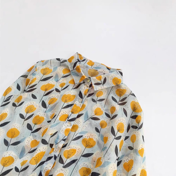 Дамска риза с поло яка, флорален принт, памук и лен, дълги ръкави, свободна кройка