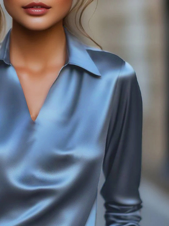 Женска риза с V-образно деколте, дълги ръкави, полиестер/спандекс, едноцветна, панелни детайли