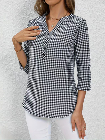 Sieviešu krekls no poliestera ar režģa rakstu, 3/4 piedurknēm, V formas kakls, priekšējā pogu aizdare