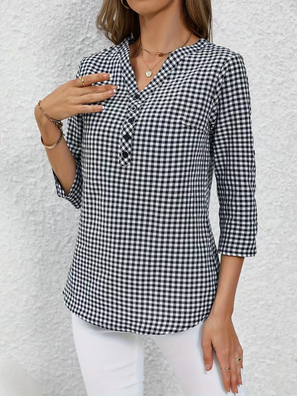 Sieviešu krekls no poliestera ar režģa rakstu, 3/4 piedurknēm, V formas kakls, priekšējā pogu aizdare