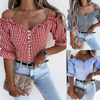 Krekls ar rūtīgu rakstu, V-veida kakls, balonveida piedurknas, vienas rindas pogas, īsa garuma