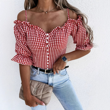 Krekls ar rūtīgu rakstu, V-veida kakls, balonveida piedurknas, vienas rindas pogas, īsa garuma