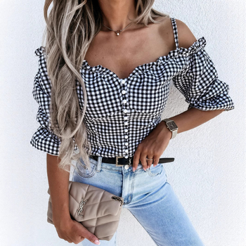 Krekls ar rūtīgu rakstu, V-veida kakls, balonveida piedurknas, vienas rindas pogas, īsa garuma