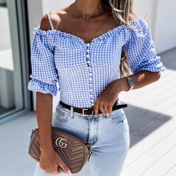 Krekls ar rūtīgu rakstu, V-veida kakls, balonveida piedurknas, vienas rindas pogas, īsa garuma