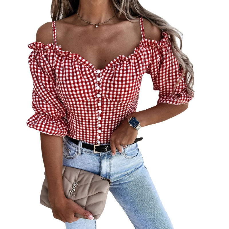 Krekls ar rūtīgu rakstu, V-veida kakls, balonveida piedurknas, vienas rindas pogas, īsa garuma