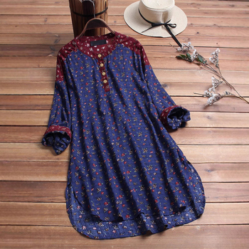 Sieviešu kokvilnas-linena maisījuma krekls ar apdrukas rakstu, stāvošs apkaklis, brīvs piegriezums, garās piedurknes