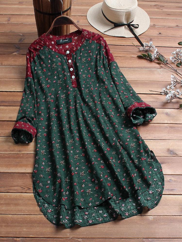 Sieviešu kokvilnas-linena maisījuma krekls ar apdrukas rakstu, stāvošs apkaklis, brīvs piegriezums, garās piedurknes