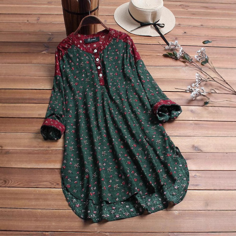 Sieviešu kokvilnas-linena maisījuma krekls ar apdrukas rakstu, stāvošs apkaklis, brīvs piegriezums, garās piedurknes