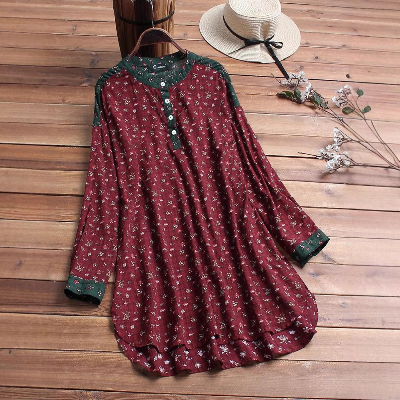 Sieviešu kokvilnas-linena maisījuma krekls ar apdrukas rakstu, stāvošs apkaklis, brīvs piegriezums, garās piedurknes