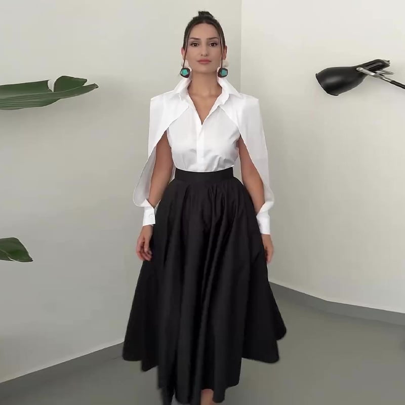 Костюм с пола и блуза със реглан ръкави – едноцветен, висока талия, дълга пола, полиестер (95%+), дълги ръкави, есен 2024 издание