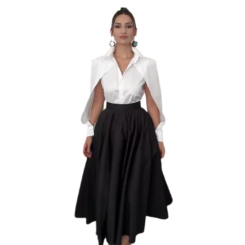 Костюм с пола и блуза със реглан ръкави – едноцветен, висока талия, дълга пола, полиестер (95%+), дълги ръкави, есен 2024 издание