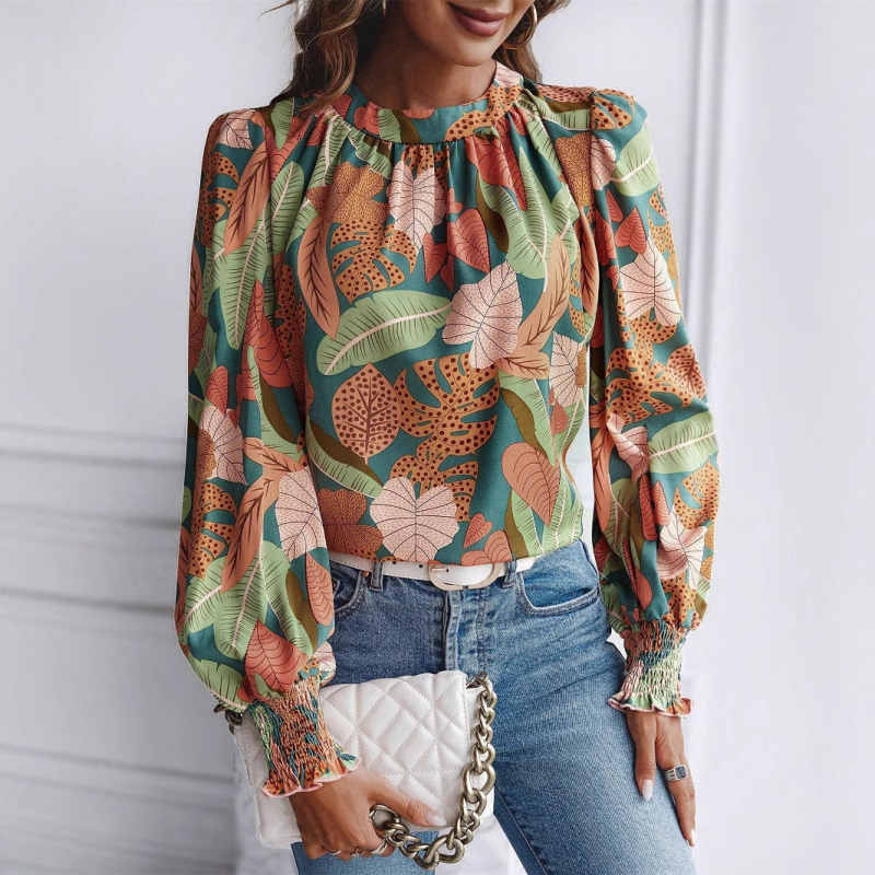 Sieviešu krekls no poliestera, garas piedurknes, apaļa kakla, lampionu piedurknes, drukāts patchwork raksts