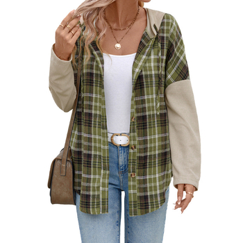 Sieviešu kapucēts kardigans rakstainā patchwork dizainā, poliestera un kokvilnas maisījums, garas piedurknes, vaļīga piegriezuma, pogu aizdare