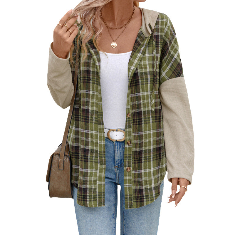 Sieviešu kapucēts kardigans rakstainā patchwork dizainā, poliestera un kokvilnas maisījums, garas piedurknes, vaļīga piegriezuma, pogu aizdare