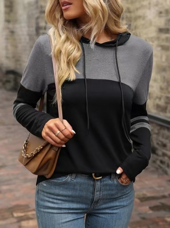 Πλεκτή μπλούζα με κουκούλα και patchwork, μακριές μανίκια, πολυεστέρας/SPandex, μονόχρωμη, casual στυλ, άνοιξη 2024