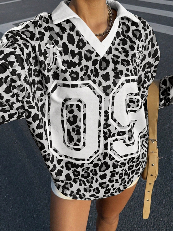 Tricou din poliester cu mâneci lungi, guler rotund, croială Slim, stil pulover, imprimare cu text.