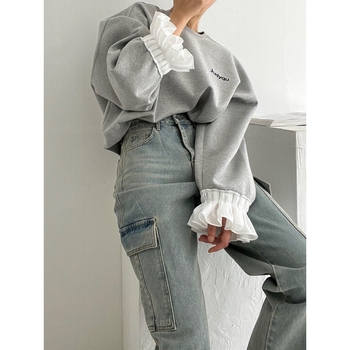 Chic coreean toamnă vintage cu model text, guler rotund, horn sleeves, croială lejeră, amestec acrilic cu 70-80% poliester, toamnă 2024