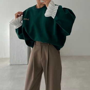 Chic coreean toamnă vintage cu model text, guler rotund, horn sleeves, croială lejeră, amestec acrilic cu 70-80% poliester, toamnă 2024