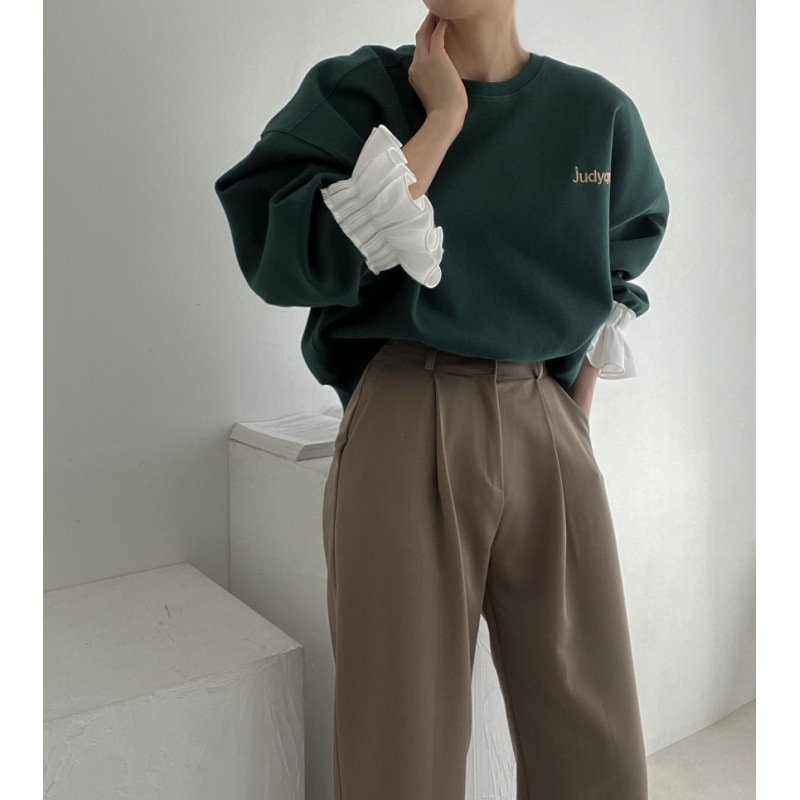 Chic coreean toamnă vintage cu model text, guler rotund, horn sleeves, croială lejeră, amestec acrilic cu 70-80% poliester, toamnă 2024