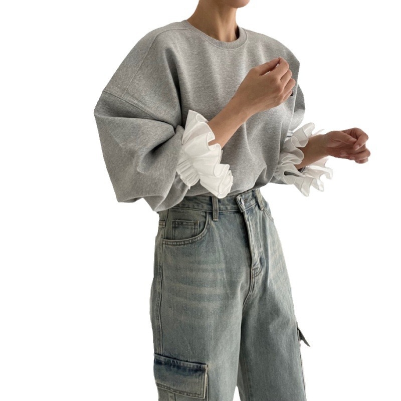 Chic coreean toamnă vintage cu model text, guler rotund, horn sleeves, croială lejeră, amestec acrilic cu 70-80% poliester, toamnă 2024