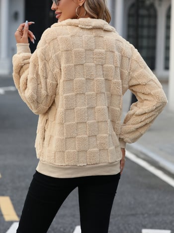 Pulover s kariranim uzorkom, širok kroj, stojeći ovratnik, dugi raglan rukavi, poliester žakard