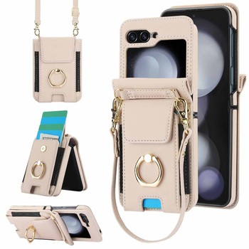 Kožené puzdro na telefón pre Samsung Galaxy Z Flip7/Flip5/Flip4 s priehradkou na karty a popruhom cez rameno; PU+PC materiál, proti pádu